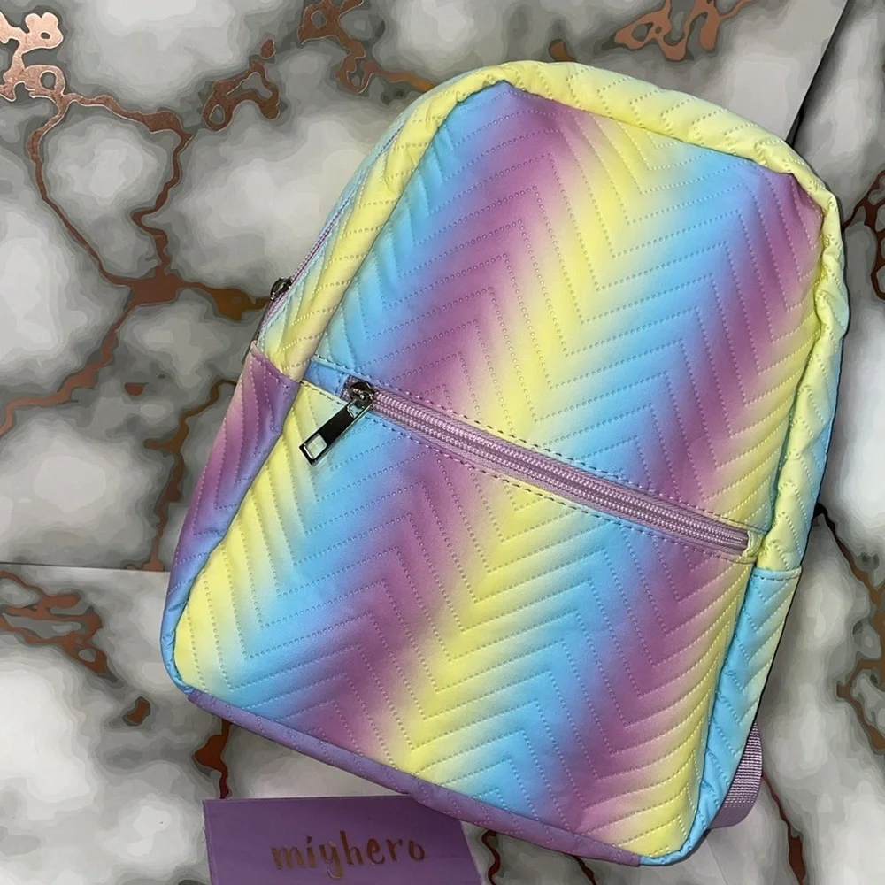 4pc RAINBOW SHERBET bundle with backpack, glass tumbler earrings & fur bagcharm - Picture 3 of 7